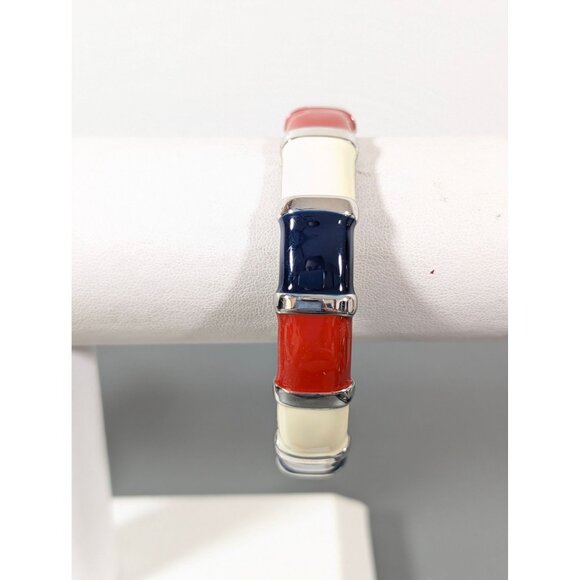 Red White Blue Enamel Stripe Hinge Bangle Bracelet 7.5" Silver Tone - Picture 1 of 7
